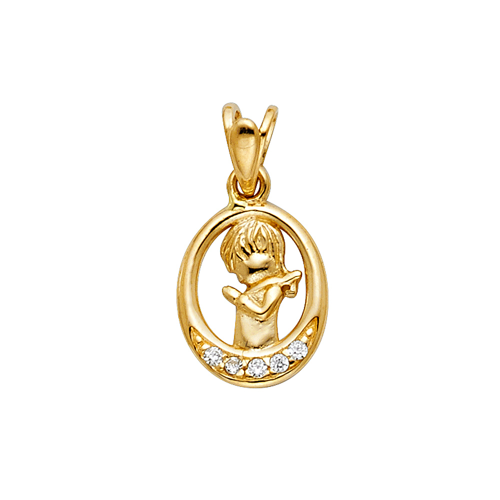 14K Yellow Gold Mini Small Cz Girl Praying Charm Pendant